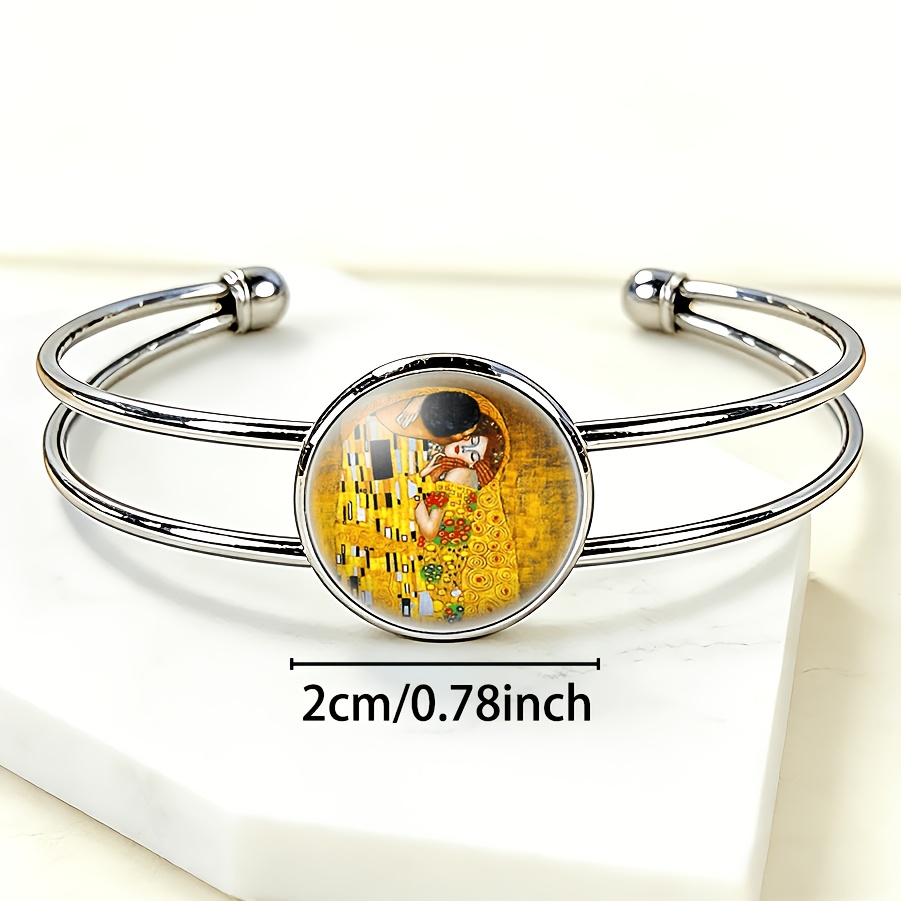 Women's Adjustable Open Bangle with Round Time Gemstone Inlay, Klimt Artwork Design